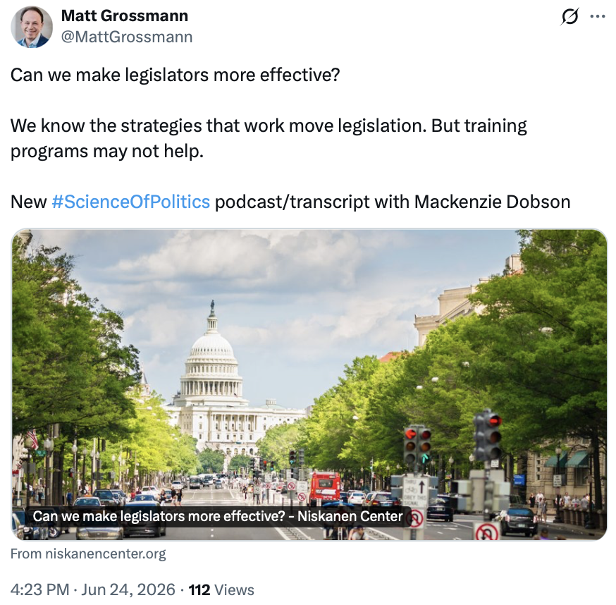 Matt Grossmann X post about the Science of Politics podcast