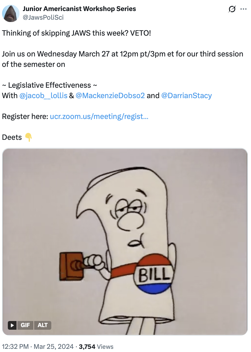 JAWS X post announcing the Legislative Effectiveness panel